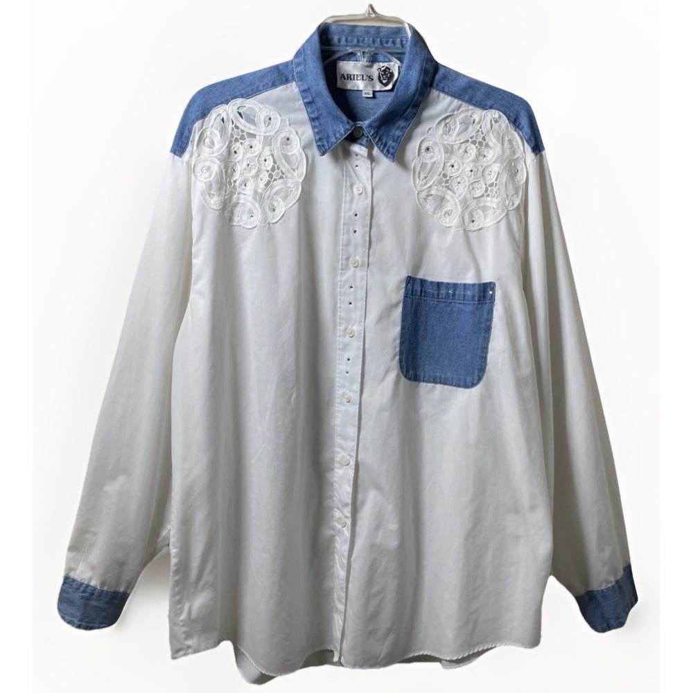 Ariel's Vintage White With‎ Denim Accents Long Sleeve Western Shirt Women's XL